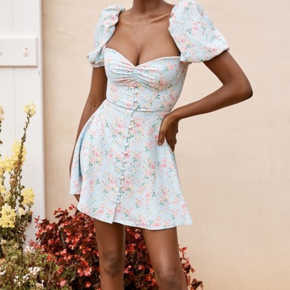 House of CB Aria Floral Puff Sleeve Mini Dress Size L+ XL